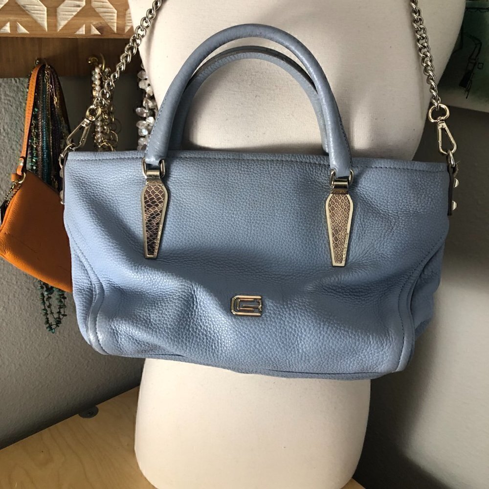 Roberto Cavalli Class Gray Blue Snakeskin Leather Satchel Handbag